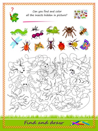 Bildungsseite für kleine Kinder. Können Sie alle im Bild versteckten Insekten finden und färben? Logik-Puzzle-Spiel. Malbuch. Arbeitsblatt für Kinder Schulbuch. Vektorgrafik.