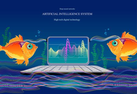 Illustration for Deep neural networks. Microchip implantation in fish brain. Artificial Intelligence System. High tech digital technology. Print for scientific research in biology, physics and nanotechnologies. - Royalty Free Image