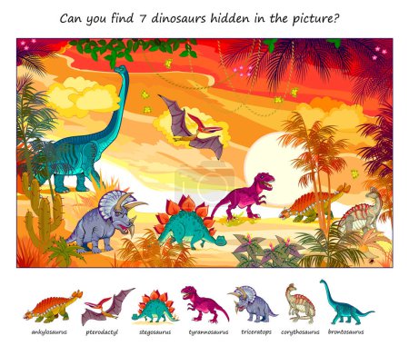Illustration for Can you find 7 dinosaurs hidden in the picture? Logic puzzle game for children and adults. Extinct prehistoric Jurassic animals. Educational page. Task for attentiveness. Vector cartoon image. - Royalty Free Image