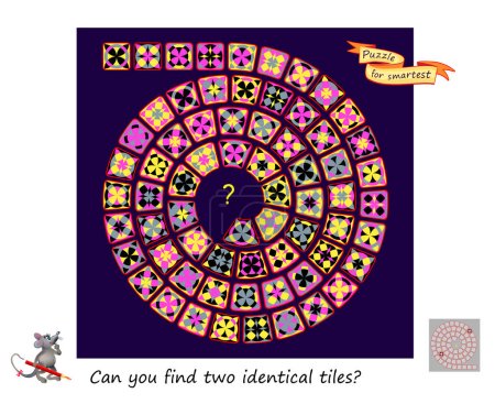 Illustration for Logic puzzle for children and adults. Can you find two identical tiles? Page for kids brain teaser book. Task for attentiveness.  IQ test. Play online. Vector cartoon illustration. - Royalty Free Image