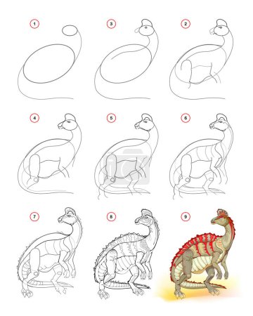 Illustration for How to draw corythosaurus. Educational page for children. Creation step by step prehistoric animal illustration. Printable worksheet for kids school exercise book. Online education. Vector drawing. - Royalty Free Image