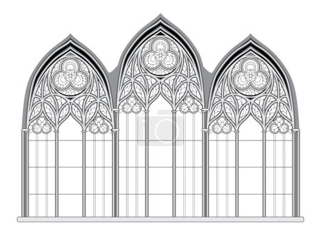 Illustration for Black and white drawing for coloring book. Gothic stained glass window from French church. Medieval architecture in western Europe. Educational page. Coloring page for children. Vector image. - Royalty Free Image