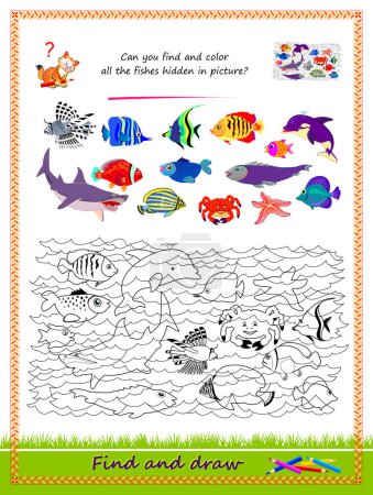 Bildungsseite für kleine Kinder. Kannst du alle Fische finden und färben, die im Bild versteckt sind? Logik-Puzzle-Spiel. Malbuch. Arbeitsblatt für Kinder Schulbuch. Vektorgrafik.