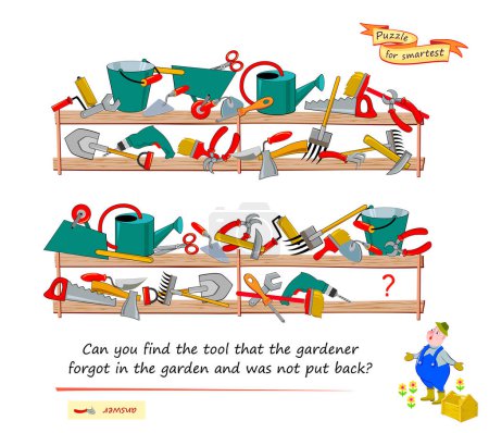 Illustration for Logic puzzle for smartest. Can you find the tool that the gardener forgot in the garden and was not put back? Educational game. Page for kids brain teaser book. Task for attention. Cartoon vector. - Royalty Free Image