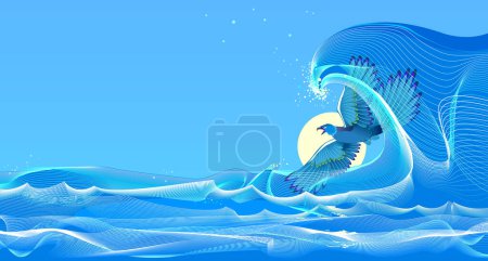 Ilustración de La ola en el océano. Dibujo marino abstracto para usted publicidad. Clima tormentoso con petrel volador. Plantilla para fondo marítimo, tarjeta de felicitación, banner o fondo de pantalla. Ilustración vectorial. - Imagen libre de derechos