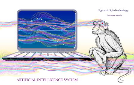 Illustration for Deep neural networks. Microchip implantation in monkey brain. Artificial Intelligence System. High tech digital technology. Print for scientific research in biology, physics and nanotechnologies. - Royalty Free Image