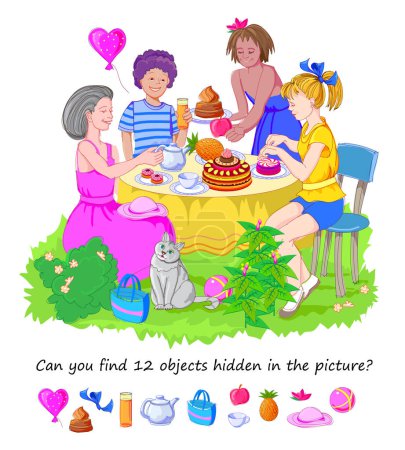 Téléchargez les illustrations : Pouvez-vous trouver 12 objets cachés dans l'image ? Jeu de puzzle logique pour enfants et adultes. Illustration d'enfants heureux célébrant un anniversaire. Page éducative pour les enfants. Vecteur de dessin animé plat. - en licence libre de droit