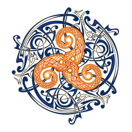 Símbolo irlandés antiguo. Signo mágico étnico. Patrón de nudo celta. Triple adorno espiral celta de goteo. Viejo triskelion vintage. Impresión para logotipo, icono, moneda, tatuaje. Decoración circular. Ilustración vectorial.
