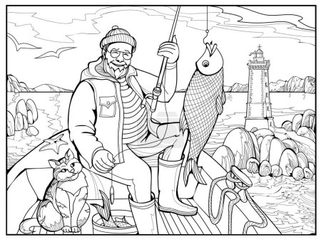 Illustration d'un vieux marin heureux pêchant en mer Celtique. Livre à colorier pour enfants et adultes. Dessin vectoriel noir et blanc. Page imprimable pour le dessin et la méditation.