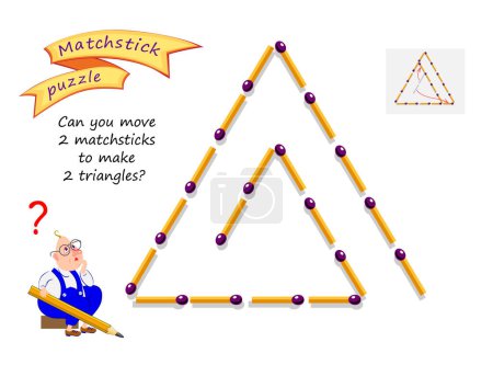 Logik-Puzzle mit Streichhölzern für Kinder und Erwachsene. Können Sie 2 Streichhölzer bewegen, um 2 Dreiecke zu bilden? Druckbare Seite für Denkanstöße. IQ-Trainingstest. Entwicklung räumlicher Denkfähigkeiten.