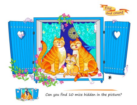 Can you find 10 mice hidden in the picture? Logic puzzle game for children and adults. Find and count. Illustration of happy cats family. Educational page for kids. Flat cartoon vector.