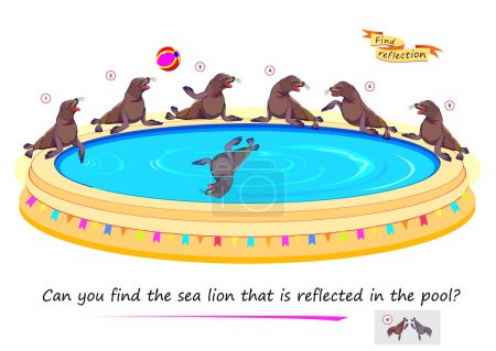 Téléchargez les illustrations : Jeu de puzzle logique pour enfants et adultes. Pouvez-vous trouver le lion de mer qui se reflète dans la piscine ? Page pour le livre de casse-tête. Développer la pensée spatiale des enfants. Tâche d'attention. Image vectorielle. - en licence libre de droit