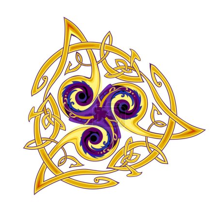 Hermoso triskelion antiguo vintage con patrón de nudo celta. Triple adorno espiral celta de goteo. Antiguo símbolo irlandés. Signo mágico étnico. Impresión para logotipo, icono, moneda, tatuaje. Ilustración vectorial plana.