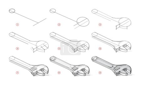 Illustration for Page shows how to learn to draw from life sketch a wrench. Pencil drawing lessons. Educational page for artists. Developing artistic skills. Online education. Vector illustration. - Royalty Free Image
