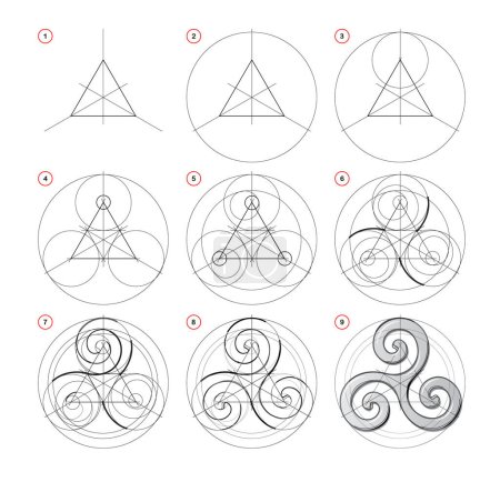 Illustration for Page shows how to learn to draw Celtic symbol Triskelion. Pencil drawing lessons. Creation geometrical design. Educational page. Developing artistic skills. Online education. Vector illustration. - Royalty Free Image