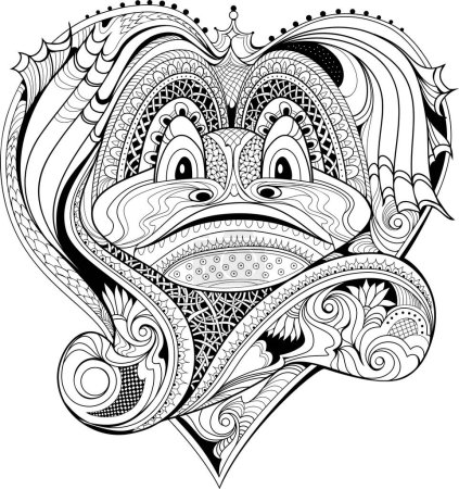 Libro para colorear para niños y adultos. Ilustración de rana de fantasía. Adorno de Zentangle. Impresión para insignia, icono, tela, tatuaje, bordado, decoración. Dibujo vectorial blanco y negro.
