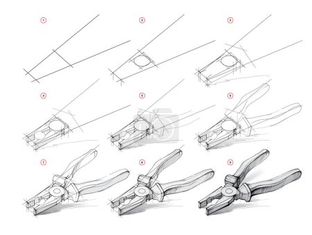 Illustration for Page shows how to learn to draw from life sketch a pliers. Pencil drawing lessons. Educational page for artists. Developing artistic skills. Online education. Vector illustration. - Royalty Free Image