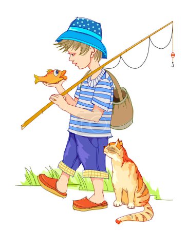 Fantasy drawing of little boy after fishing. Cute fisherman. Hand-drawn cartoon illustration for fairy tale. Isolated vector on a white background. Imitation of ink and crayon sketch style.