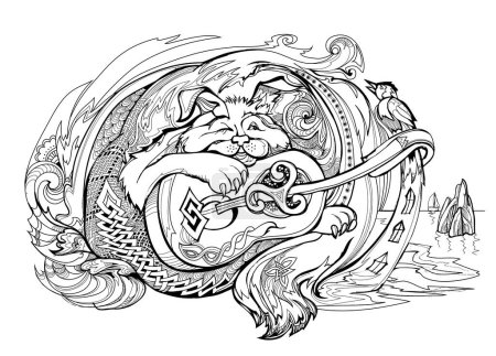 Libro para colorear para niños y adultos. Ilustración de fantasía Gato musical celta. Adorno de Zentangle. Impresión para insignia, icono, tela, tatuaje, bordado, decoración. Dibujo vectorial blanco y negro.