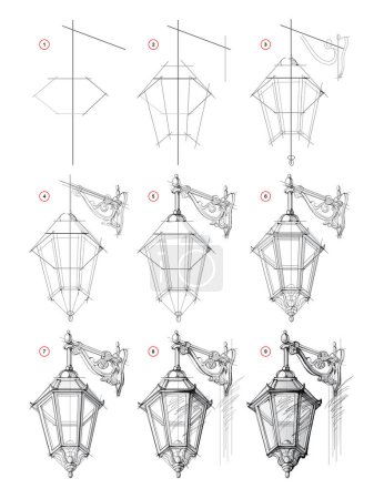 Page shows how to learn to draw from life sketch of a antique street lamp. Pencil drawing lessons. Educational page for artists. Development of artistic skills. Online education. Hand drawn vector.