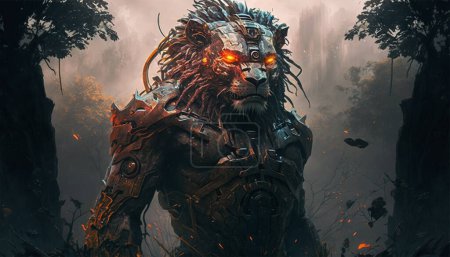 Téléchargez les photos : Lion head cyborg with cyberpunk style at volcano with a scary face and volcano background generative ai. - en image libre de droit
