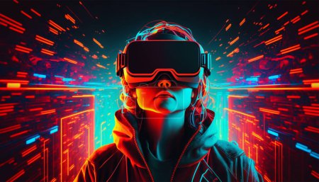 Téléchargez les photos : Young woman using glasses of virtual reality on neon background. Smartphone using with VR headset,virtual reality,future technology concept. VR glasses in colorful neon lights generative ai. - en image libre de droit