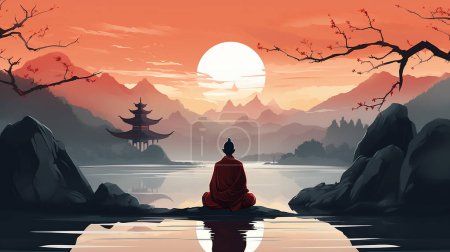 Illustration for Silhouette Buddhist monk meditation on the river side with a high mountain and beautiful sunset background - Royalty Free Image