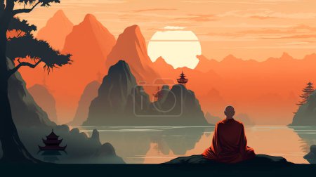 Ilustración de Silueta de meditación monje budista en la orilla del río con una alta montaña y hermoso fondo de atardecer - Imagen libre de derechos