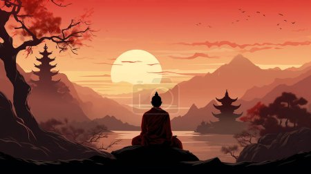 Silhouette Buddhist monk meditation on the river side with a high mountain and beautiful sunset background