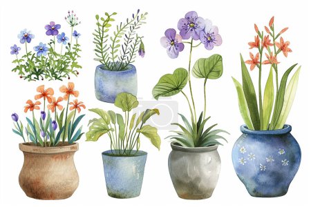 Ensemble de peinture aquarelle printemps ou été fleurs et feuilles branche en pot jardin plantes illustration vectorielle