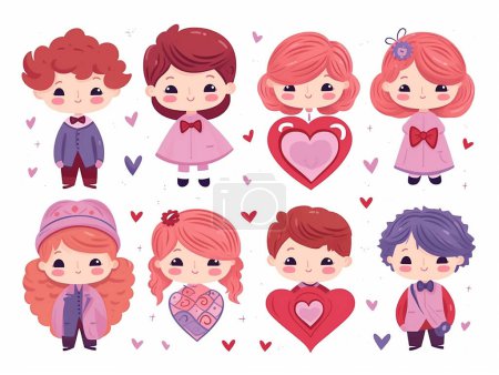 Conjunto de ilustración vectorial de dibujos animados lindo de niños pequeños con globo de corazón rosa. Amor propio, cuidado personal, positivo, concepto de felicidad.
