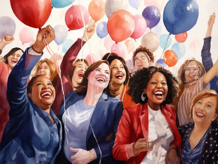 Women celebrating festive watercolor, International Women''s Day with Balloon decorative element