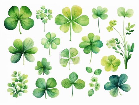 Set of watercolor clover isolated on white background. Clover flowers St Patrick's Day background. Spring flower pattern