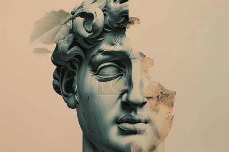 Illustration for Portrait of a statue sculpture wallpaper texture, on a trendy glitchy vibrant colors contemporary background, collage and pop art style - Royalty Free Image