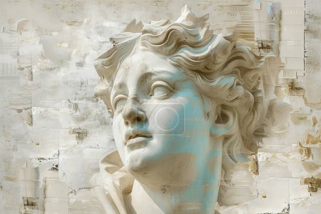 Porträt einer Statue Skulptur Tapete Textur, auf einem trendigen glitzernden lebendigen Farben zeitgenössischen Hintergrund, Collage und Pop-Art-Stil