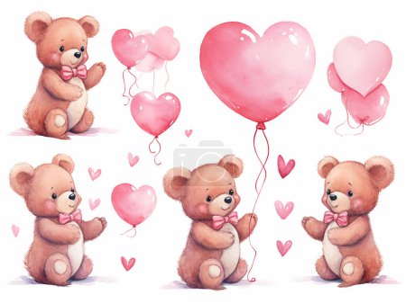 Watercolor valentines day love teddy bear couple, hand drawn watercolor illustration for greeting card or invitation design