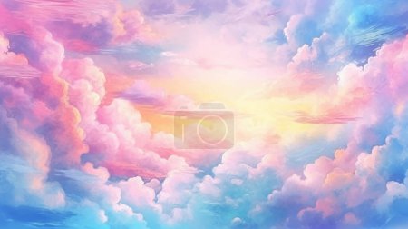 Illustration for Beautiful colorful serene pastel blue pink and yellow sky with clouds. Colorful sunrise or sunset. Wide Panoramic view illustration. - Royalty Free Image