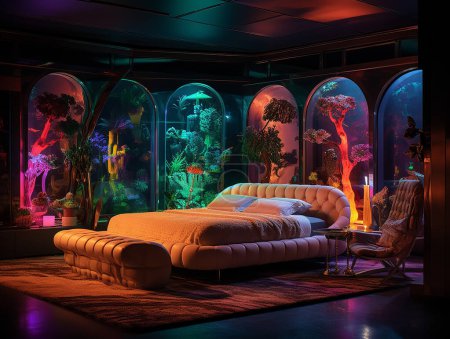 Un appartement de chambre à coucher captivant futuriste avec fond couleur néon