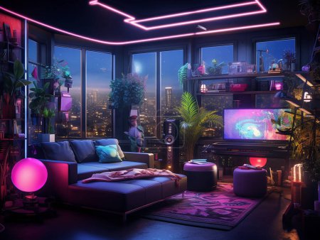 A captivating bedroom apartment futuristic with neon light color background