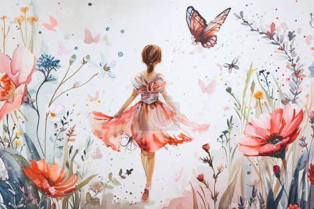Téléchargez les illustrations : Belle jeune Fée et fleurs avec papillon aquarelle peinture à l'huile illustration - en licence libre de droit
