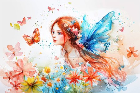 Téléchargez les illustrations : Belle jeune Fée et fleurs avec papillon aquarelle peinture à l'huile illustration - en licence libre de droit