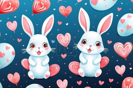 Niedliche Baby-Kaninchen nahtlose Muster mit Rosen Herz, handgezeichnet Blumenhintergrund. Vektor-Cartoon-Illustration für Kinderzimmer, Poster, Geburtstagsgrußkarten, Babydusche, Textildruck