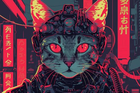 Téléchargez les illustrations : Cyber chat néon futuriste en style cyberpunk sur fond noir. Veilleuses lumineuses, art numérique, pirate robot. Technologies futures. Logo personnage créatif. - en licence libre de droit