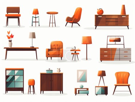 Ilustración de Conjunto de paquete de decoración casera colorida moderna para la ilustración de muebles de sala de estar - Imagen libre de derechos
