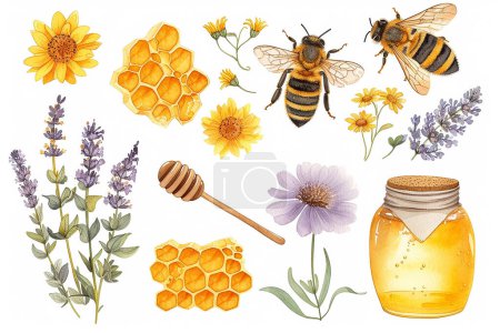 Set of yellow honey bee and honeycomb fields herbs flowers vector illustration