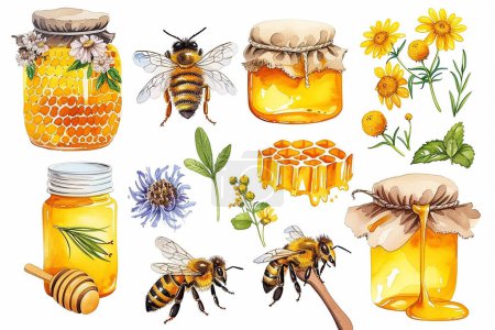 Set of yellow honey bee and honeycomb fields herbs flowers vector illustration