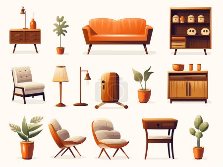 Conjunto de paquete de decoración casera colorida moderna para la ilustración de muebles de sala de estar
