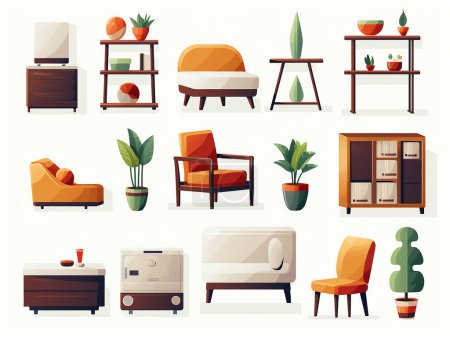 Ilustración de Conjunto de paquete de decoración casera colorida moderna para la ilustración de muebles de sala de estar - Imagen libre de derechos