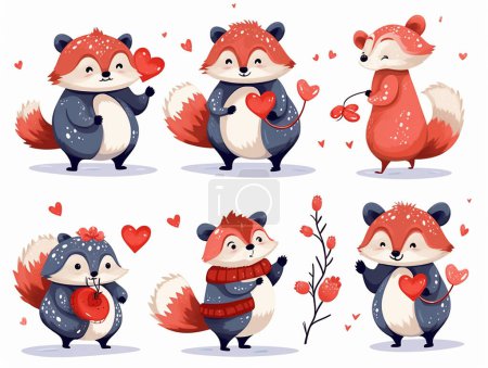 Tierillustrationen in Aquarell, Waschbär, Herz und Blumen, Liebeskarte zum Valentinstag