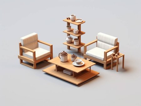 Isometrische minimalistische und moderne Interieur-Stil japanische Möbel populäre Designstile, japanische und skandinavische